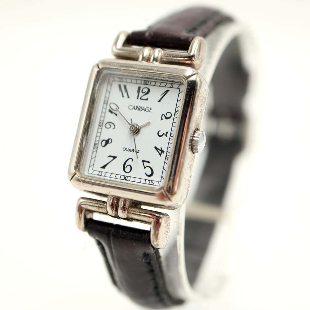 Carriage by Timex Womens Silver Tone 20mm Tank Watch Black Leather w New Battery